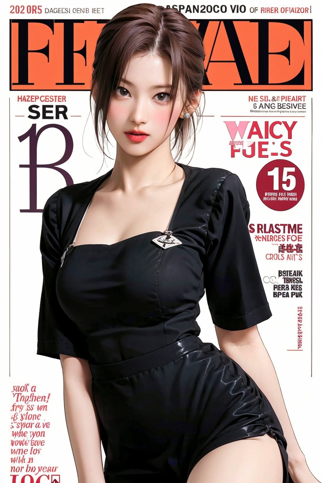 1girl, thigh up body, maid outfit, looking at viewer, detailed clothes, earrings, sanatw, magazine cover, 