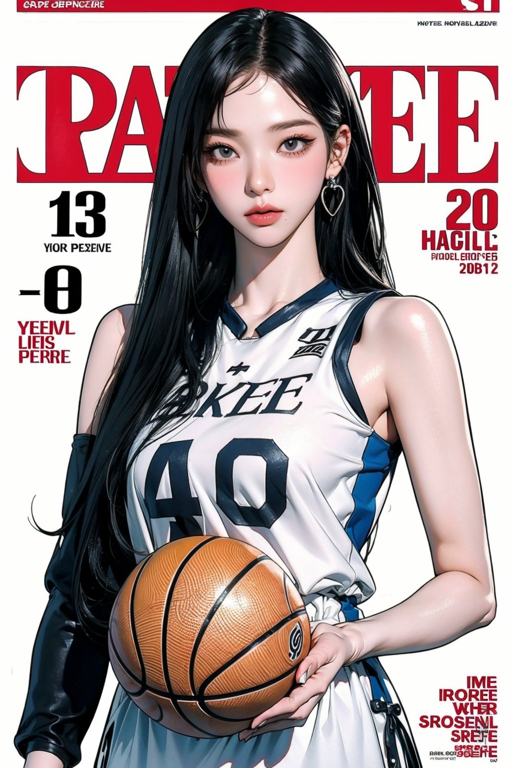 1girl, ((basketball girl outfit,)) hip up, detailed clothes, earrings, looking at viewer, aespakarina, magazine cover,