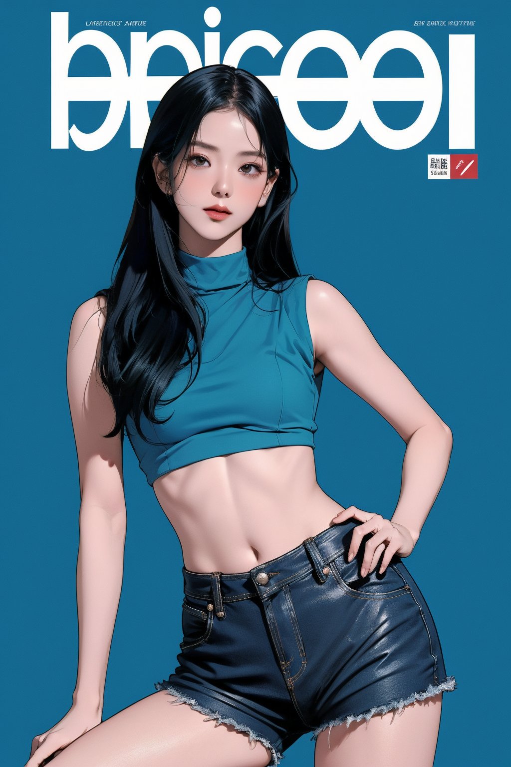 1girl, thigh up, looking at viewer, detailed clothes, turtle neck croptop, sleeveless, accurate color reproduction, best quality, professionally color graded, artwork, blurring effect, professional lighting, sanatw, magazine cover, blue background, jisoo