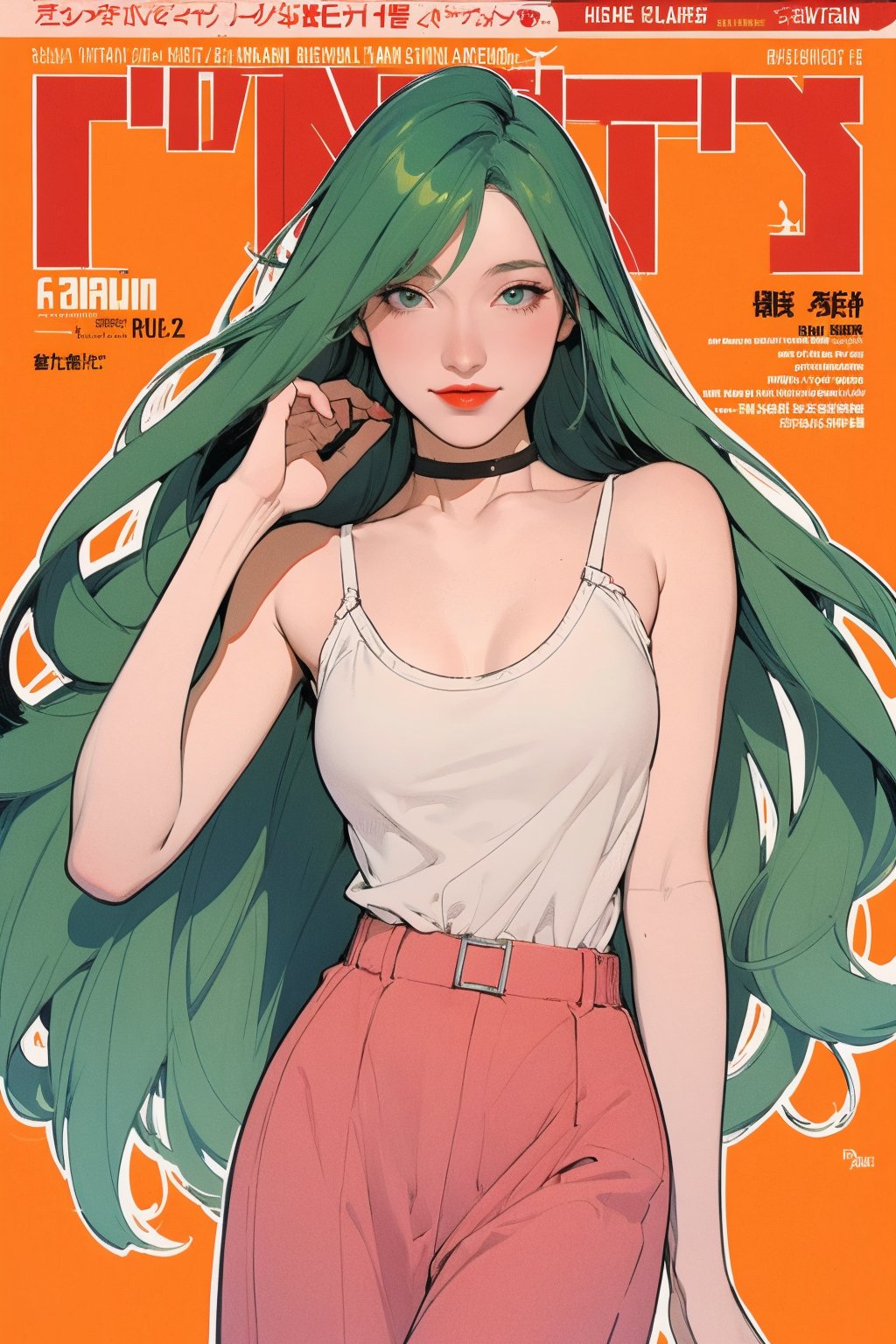 mature, lustful, allure, 1girl, green hair, red lips, eye_lens, detailed and styled clothes, medium breasts, skirt, looking at viewer, best quality, masterpiece, sharp focus, hakil, magazine cover, ((outline, 2D manga artstyle,))