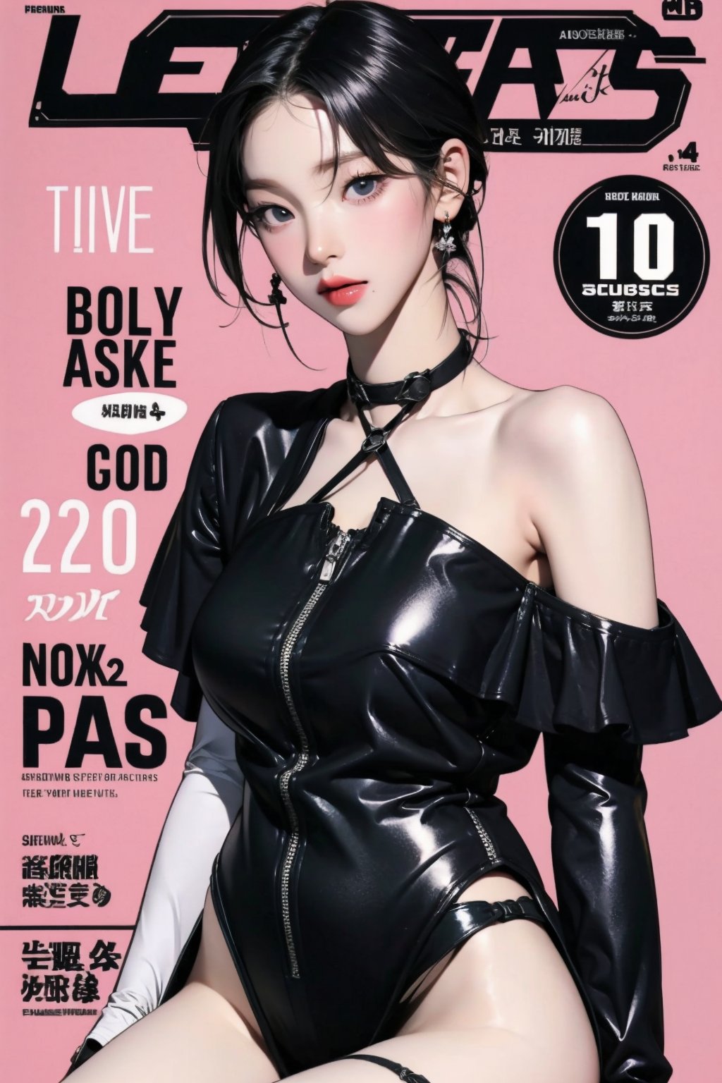 1girl, thigh up body, looking at viewer, styled clothes, hairstyle, aespakarina, magazine cover, earrings, 