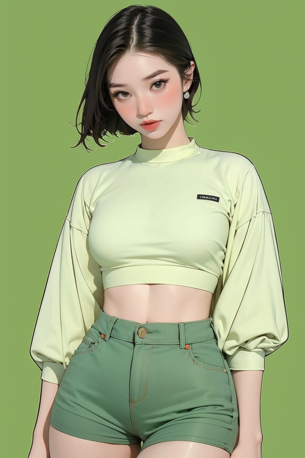 1girl, thigh up body, detailed clothes, kpop idol, hairstyle, croptop, looking at viewer, sharp focus, magazine cover, green background, ((outline,)) chimai, aespakarina,sanatw