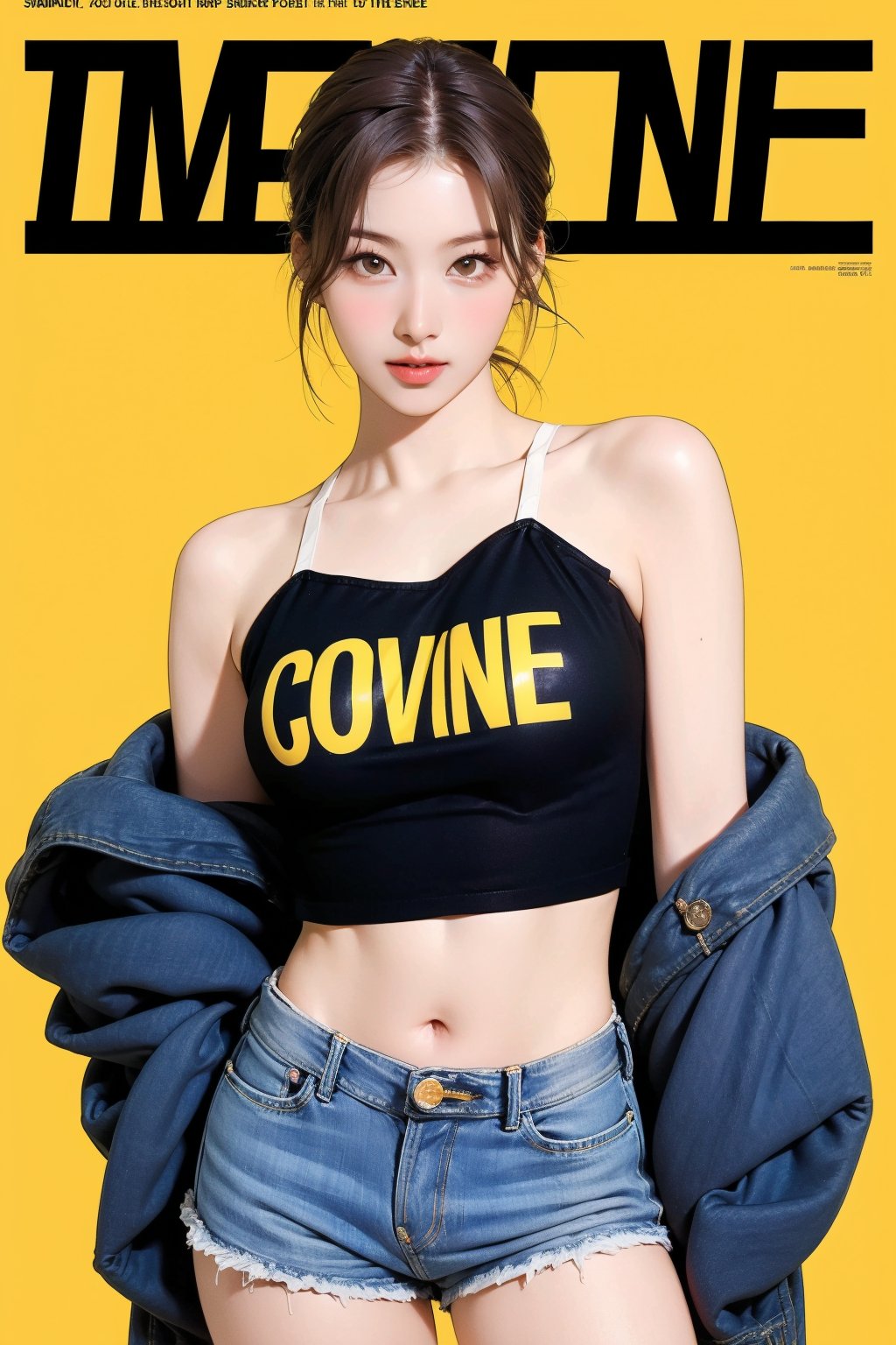 1girl, thigh up body, detailed clothes, kpop idol, croptop, wide_legs_jeans, looking at viewer, sharp focus, magazine cover, yellow background, ((outline,)) chimai, aespakarina,sanatw