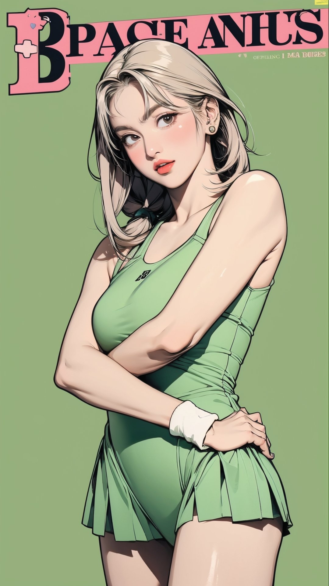 1girl, standing, thigh up body, ((looking at viewer, tennis girl outfit, center opening,)) 2D artstyle, magazine cover, outline, earings, blush, green background, hairstyle, ultra detailed, best quality, sharp focus, ,DiaSondef,sophiesw,Mia ,Anna ,mthanhh,minatw,momo