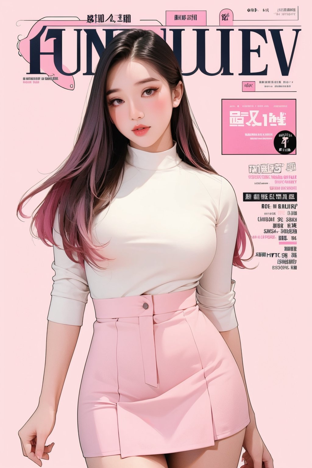 1girl, thigh up, looking at viewer, detailed clothes, accurate color reproduction, best quality, professionally color graded, artwork, blurring effect, professional lighting, sanatw, magazine cover, pink background, jisoo,chimai