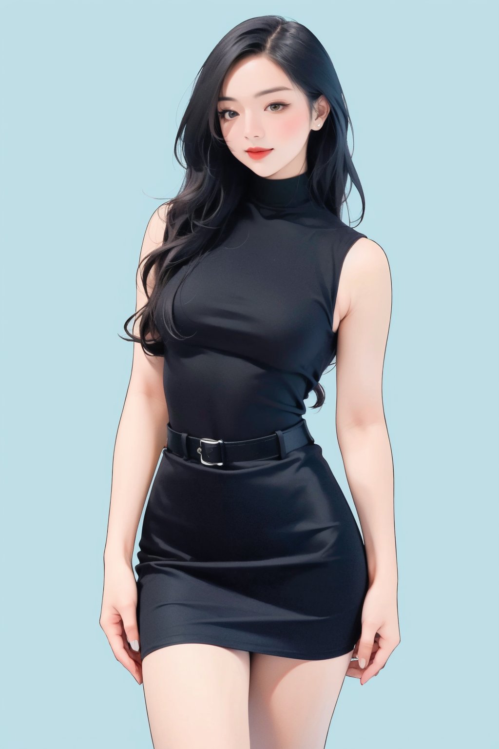 1girl, thigh up, standing, looking at viewer, detailed clothes, styled cutout turtleneck body shirt, sleeveless, miniskirt, accurate color reproduction, best quality, professionally color graded, professional lighting, sanatw, magazine cover, cyan background, jisoo,chimai,miyeon,aespakarina,hakil,QA,sim