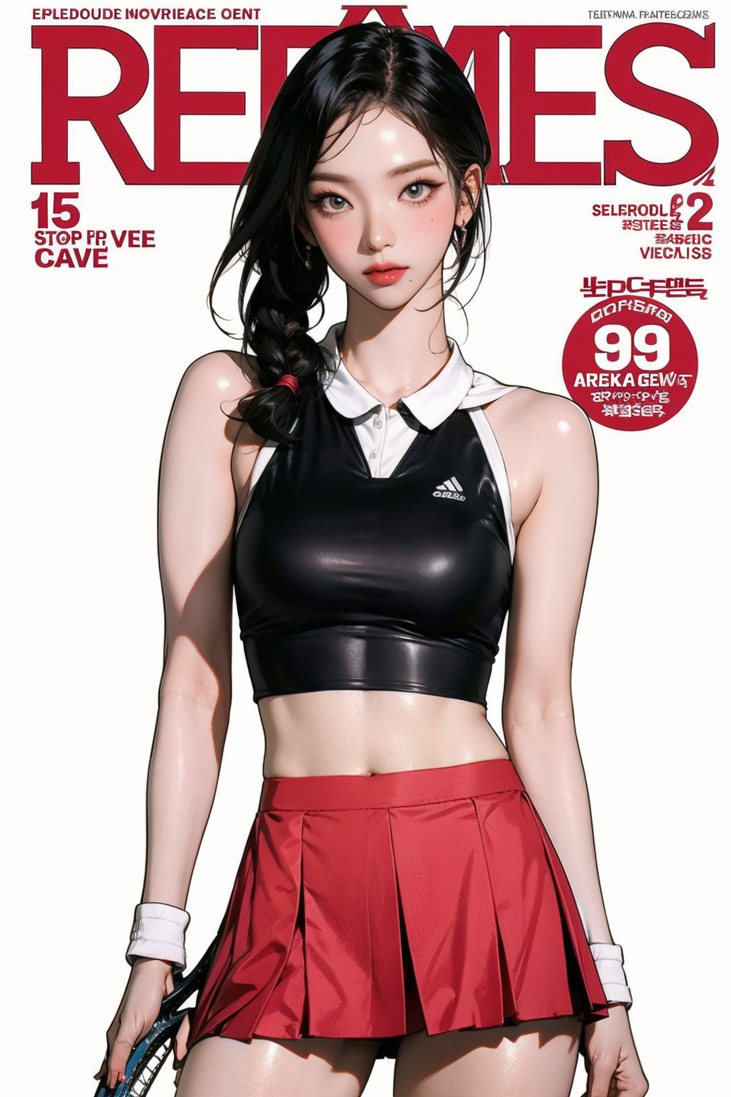 1girl, ((tennis girl outfit,)) thigh up, detailed clothes, earrings, looking at viewer, aespakarina, magazine cover,