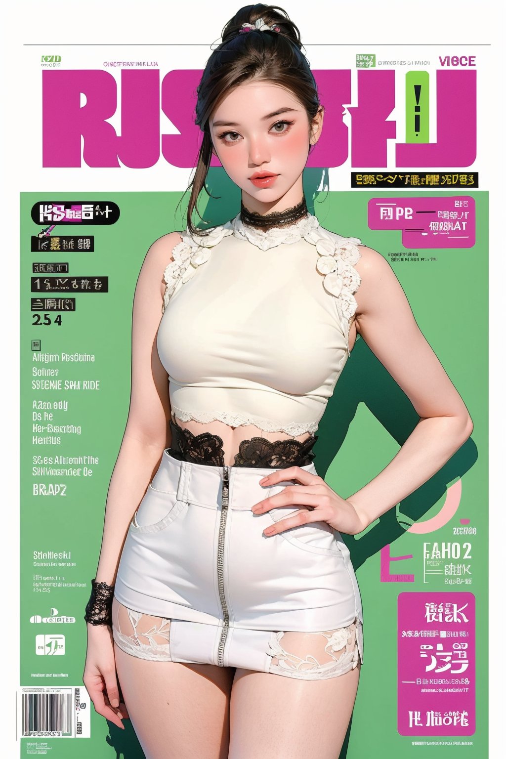 1girl, standing, looking at viewer, styled clothes, turtle neck croptop, sleeveless, zipped mini skirt, ((thighs_lace_choker,)) hairstyle, sharp focus, magazine cover, coloful background, 2D artstyle, outline, chimai,