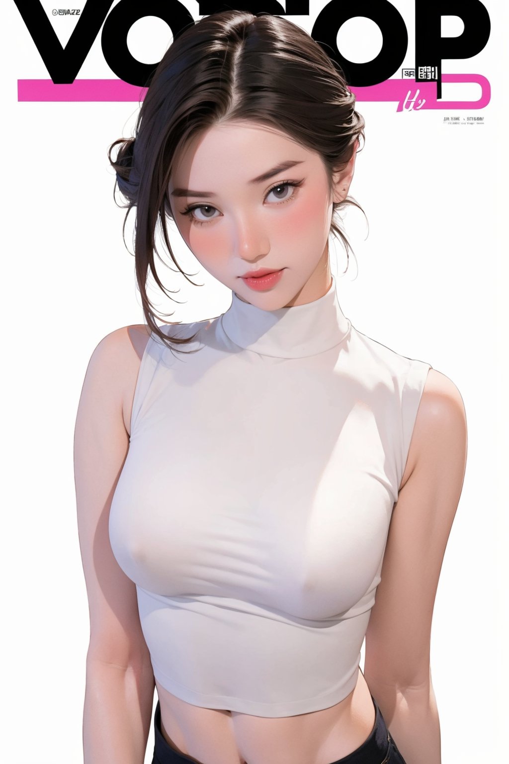 1girl, looking at viewer, styled clothes, turtle neck croptop, sleeveless, hairstyle, sharp focus, magazine cover, coloful background, 2D artstyle, outline, 

chimai,hine,hakil,yuong01,johyun,sim,haohaoulz,kn