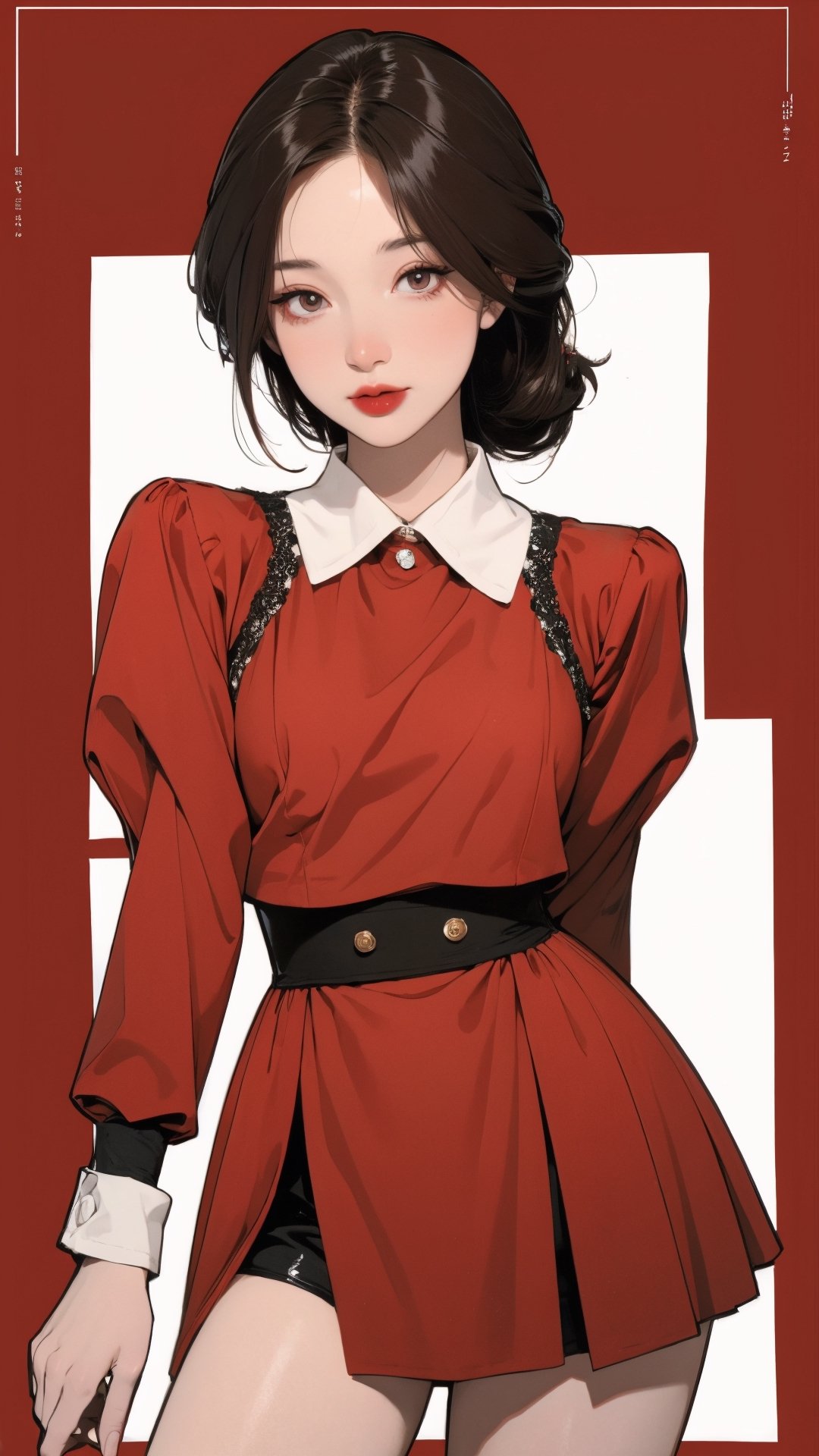 1girl, attendant, looking at viewer, thigh up body, elegant and asthetic, red background, styled clothes, hairstyle, cinematic composition, styled clothes,  ultra detailed, best quality, sharp focus, magazine cover, outline, 2D artstyle,aespakarina,htt