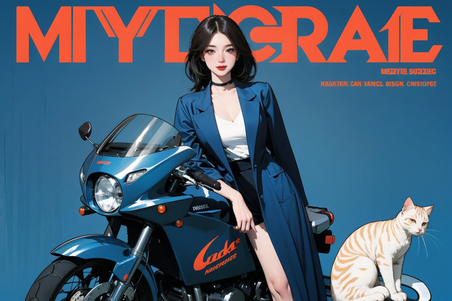 1girl, thigh up body, looking at viewer, cat, motorcycle, jacket, helmet, magazine cover, intricate clothes, cutout clothes, cinematic lighting, different hairstyle, blue background, htt