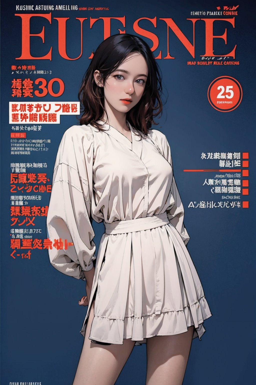 lustful, 1girl, thigh up body, standing, magazine cover, intricate outfit, blue background, 2.5D manga artstyle, hine, 