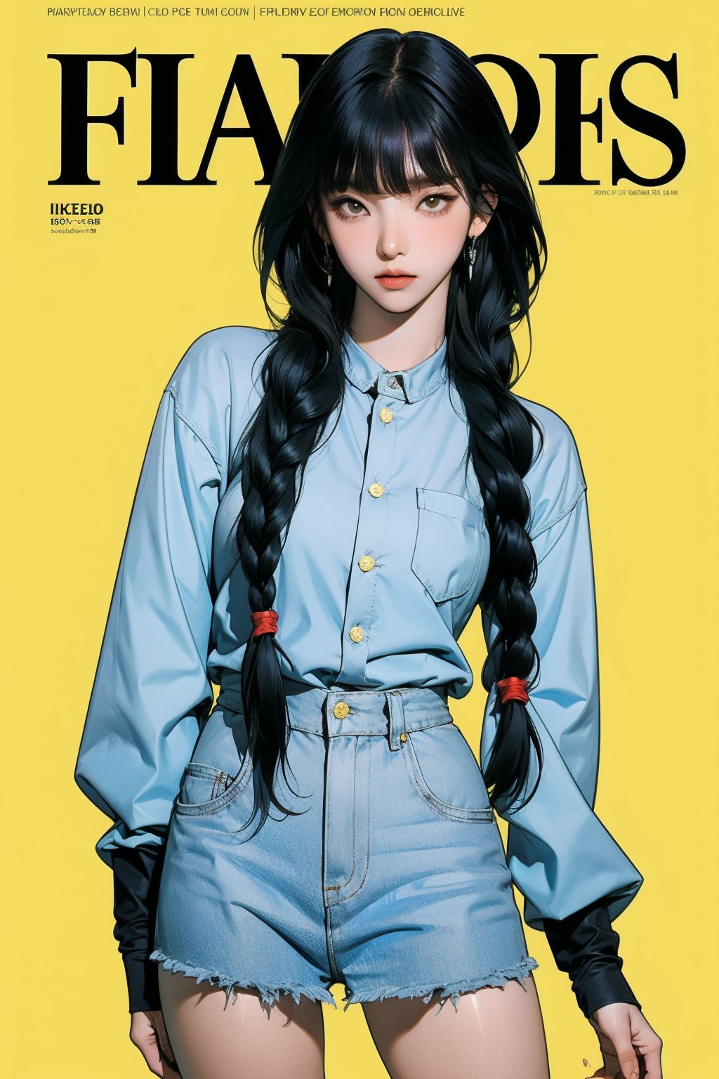 1girl, thigh up body, detailed clothes, kpop idol, middle length hair, 2_braided_hair, blunt bangs, looking at viewer, sharp focus, magazine cover, yellow background, ((outline,)) chimai, aespakarina,sanatw