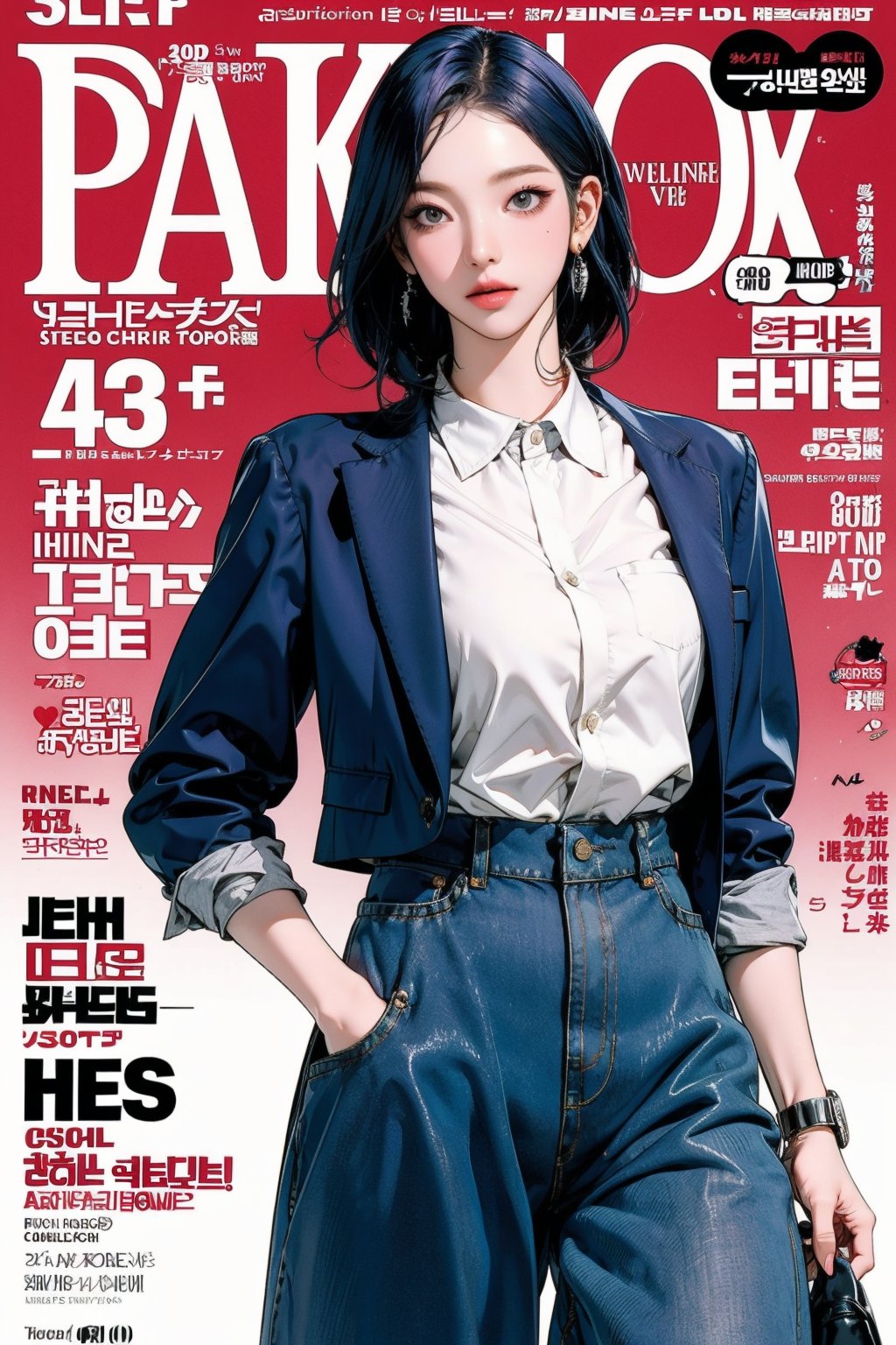 1girl, ((schoolgirl outfit, thigh up body, walking,)) different color hair, detailed clothes, unbuttoned shirt, culottes pants, earrings, looking at viewer, aespakarina, magazine cover, park view,