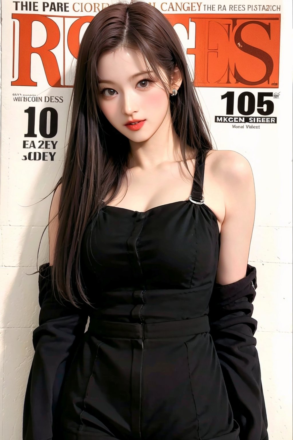 1girl, thigh up body, maid outfit, long hair, looking at viewer, detailed clothes, earrings, sanatw, magazine cover, 