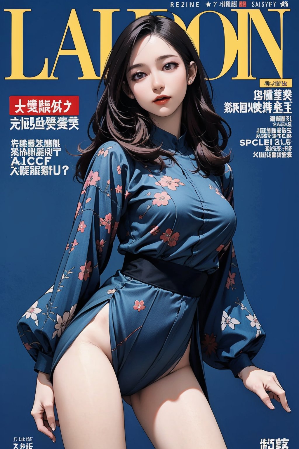 lustful, 1girl, thigh up body, standing, magazine cover, intricate outfit, long hair, blue background, 2.5D manga artstyle, hine, 