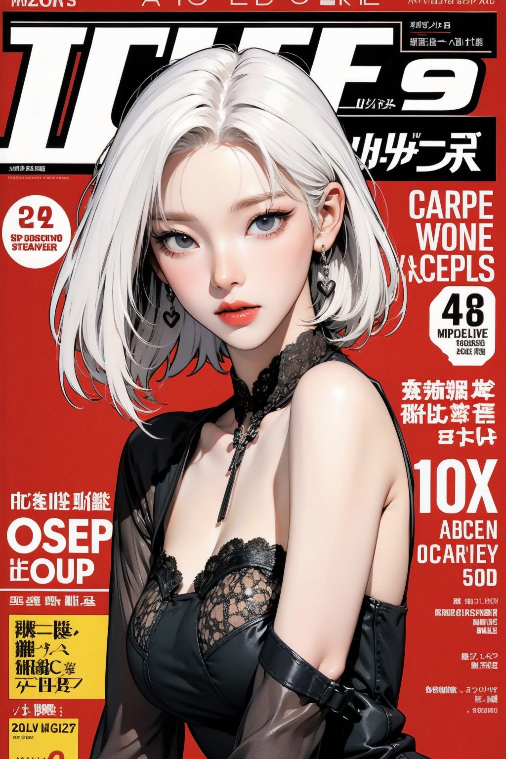 1girl, white hair, bracelets, thigh up body, looking at viewer, hairstyle, earrings, intricate background, magazine cover, aespakarina, headset,