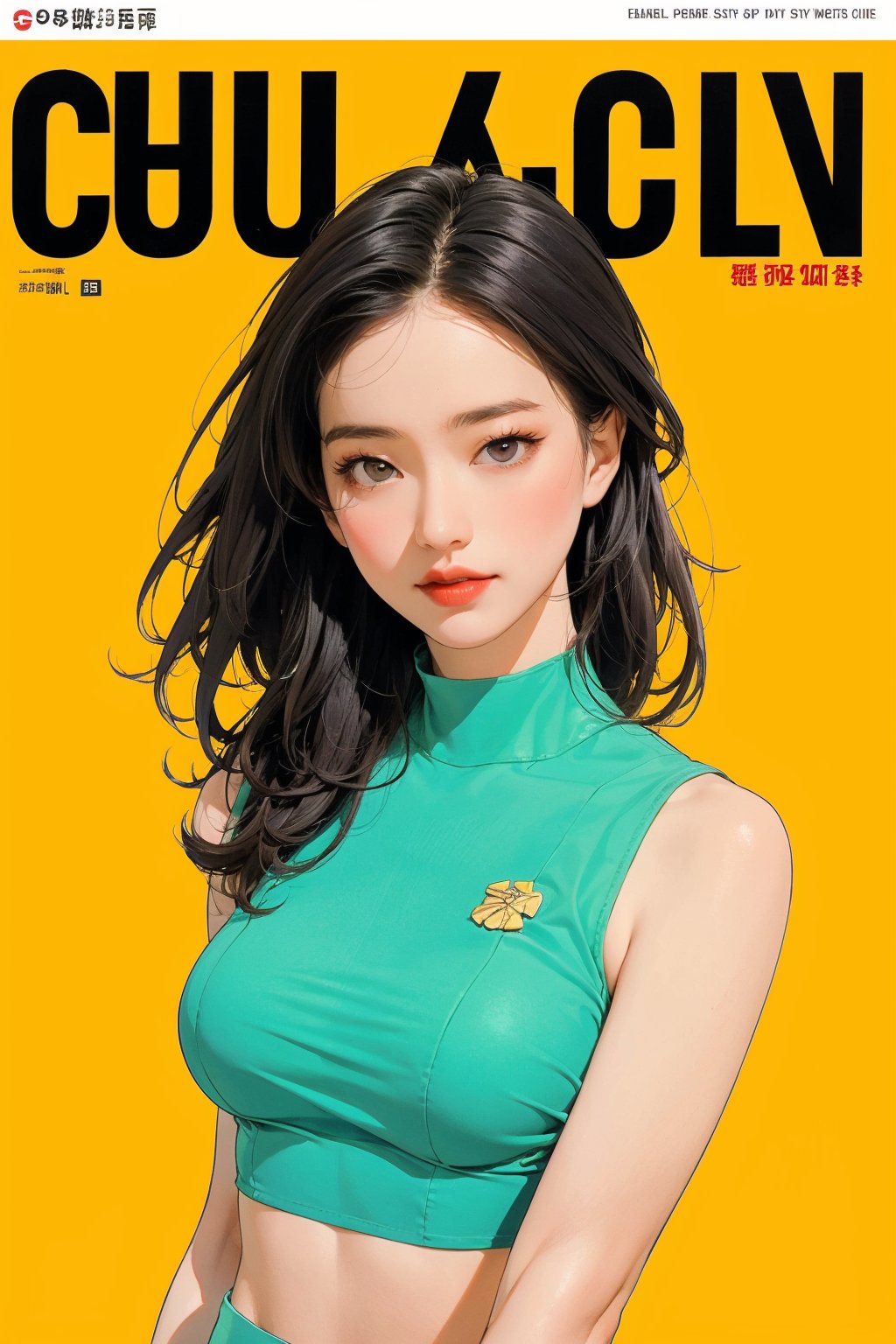 1girl, looking at viewer, styled clothes, turtle neck croptop, sleeveless, hairstyle, sharp focus, magazine cover, coloful background, 2D artstyle, outline, 

chimai,hine,hakil,yuong01,johyun,sim,haohaoulz,kn