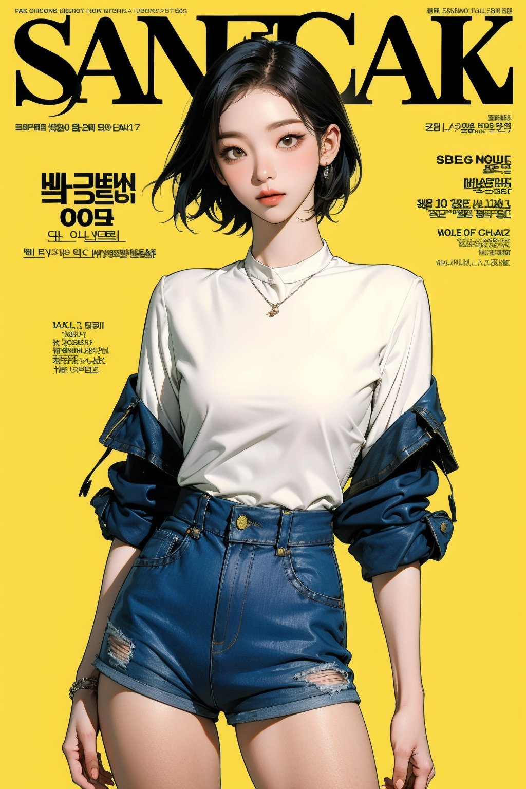 1girl, thigh up body, detailed clothes, kpop idol, short medium hair, 2_braided_hair, looking at viewer, sharp focus, magazine cover, yellow background, ((outline,)) chimai, aespakarina,sanatw