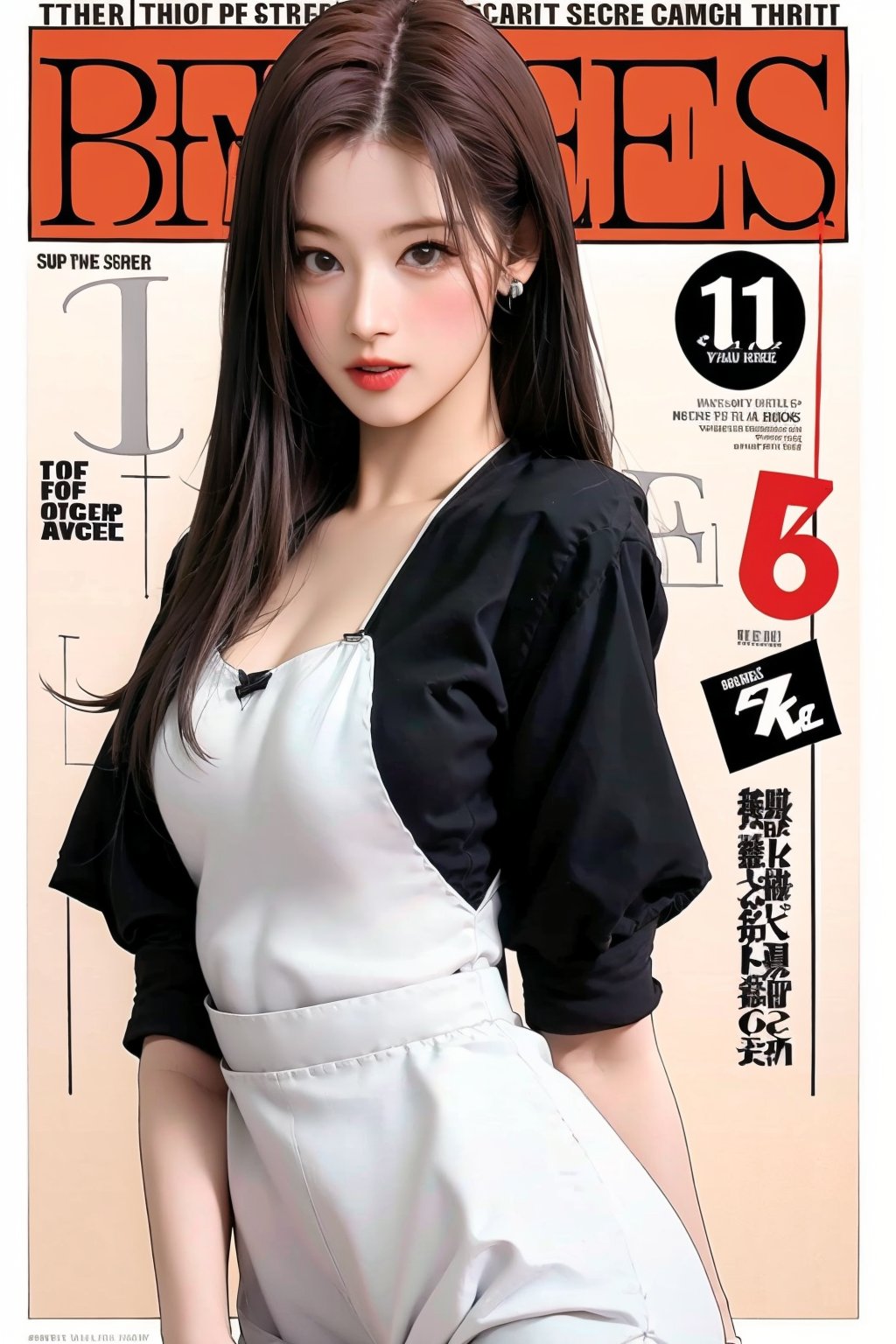 1girl, thigh up body, maid outfit, long hair, looking at viewer, detailed clothes, earrings, sanatw, magazine cover, 