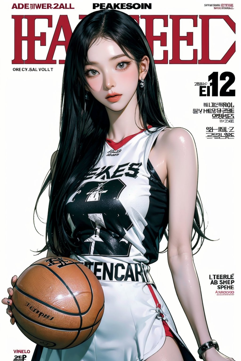 1girl, ((basketball girl outfit,)) thigh up, detailed clothes, earrings, looking at viewer, aespakarina, magazine cover,