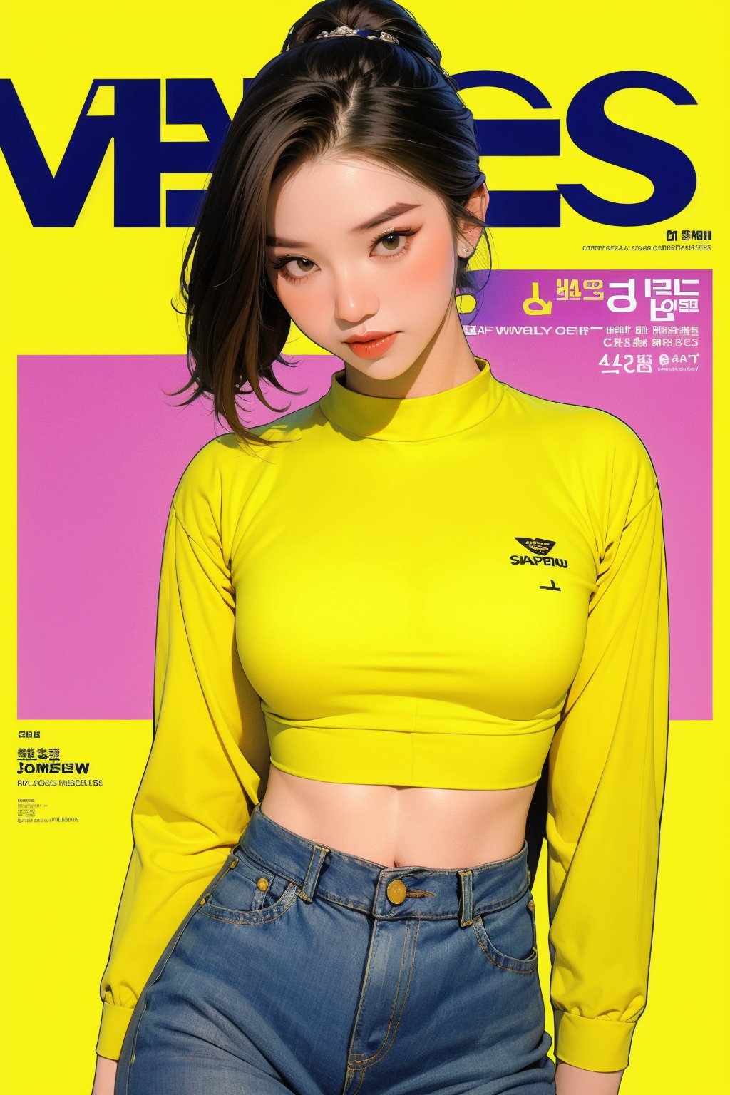 1girl, thigh up body, detailed clothes, kpop idol, hairstyle, croptop, boyfriend_jeans, looking at viewer, sharp focus, magazine cover, yellow background, ((outline,)) chimai, aespakarina,sanatw