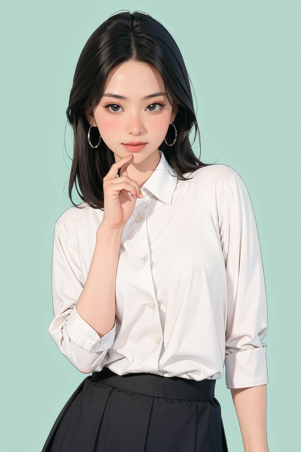 allure, sexy, 1girl, blush, hip up, styled shirt, skirt, detailed clothes, looking straight at viewer, earrings, simple background, green background, outline, johyun, QA