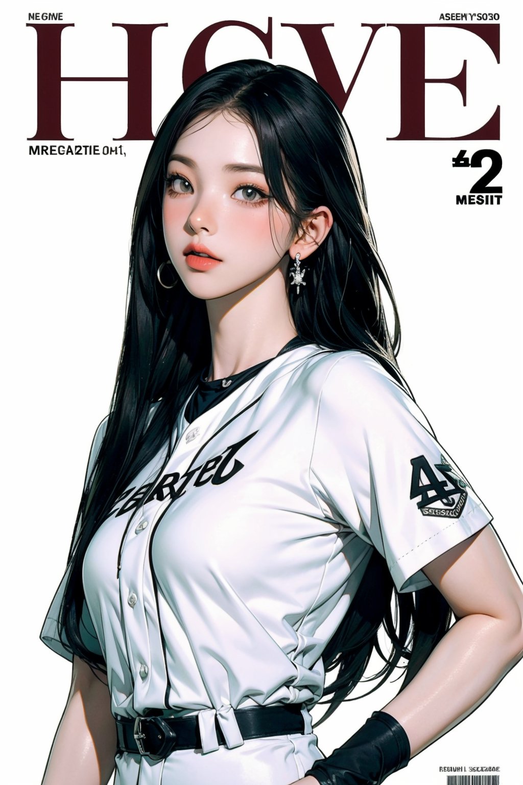 1girl, ((baseball girl outfit,)) hip up, detailed clothes, earrings, looking at viewer, aespakarina, magazine cover,