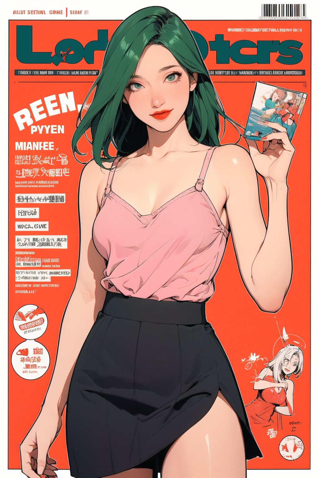 mature, lustful, allure, 1girl, green hair, red lips, eye_lens, detailed and styled clothes, medium breasts, skirt, looking at viewer, best quality, masterpiece, sharp focus, hakil, magazine cover, ((outline, 2D manga artstyle,))