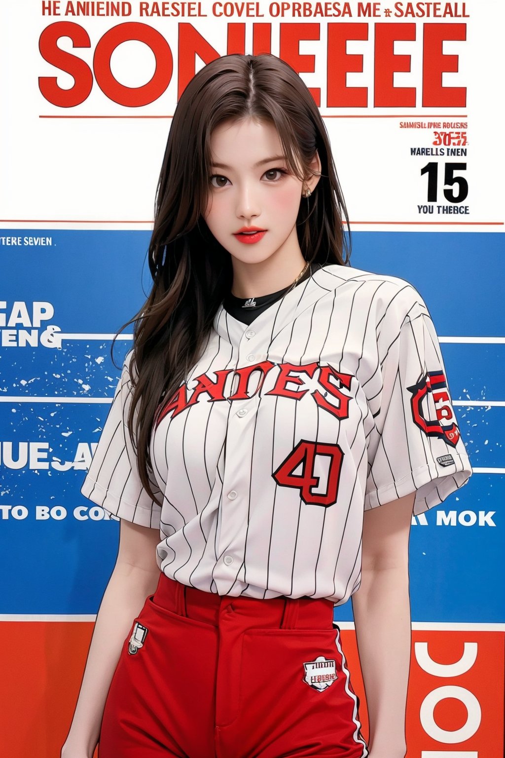 1girl, thigh up body, ((baseball girl outfit,)) long hair, looking at viewer, detailed clothes, earrings, sanatw, magazine cover, 