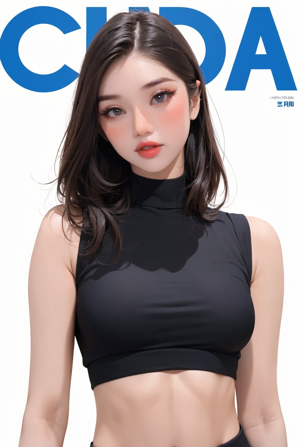 1girl, looking at viewer, styled clothes, turtle neck croptop, sleeveless, hairstyle, sharp focus, magazine cover, coloful background, 2D artstyle, outline, 

chimai,hine,hakil,yuong01,johyun,sim,haohaoulz,kn