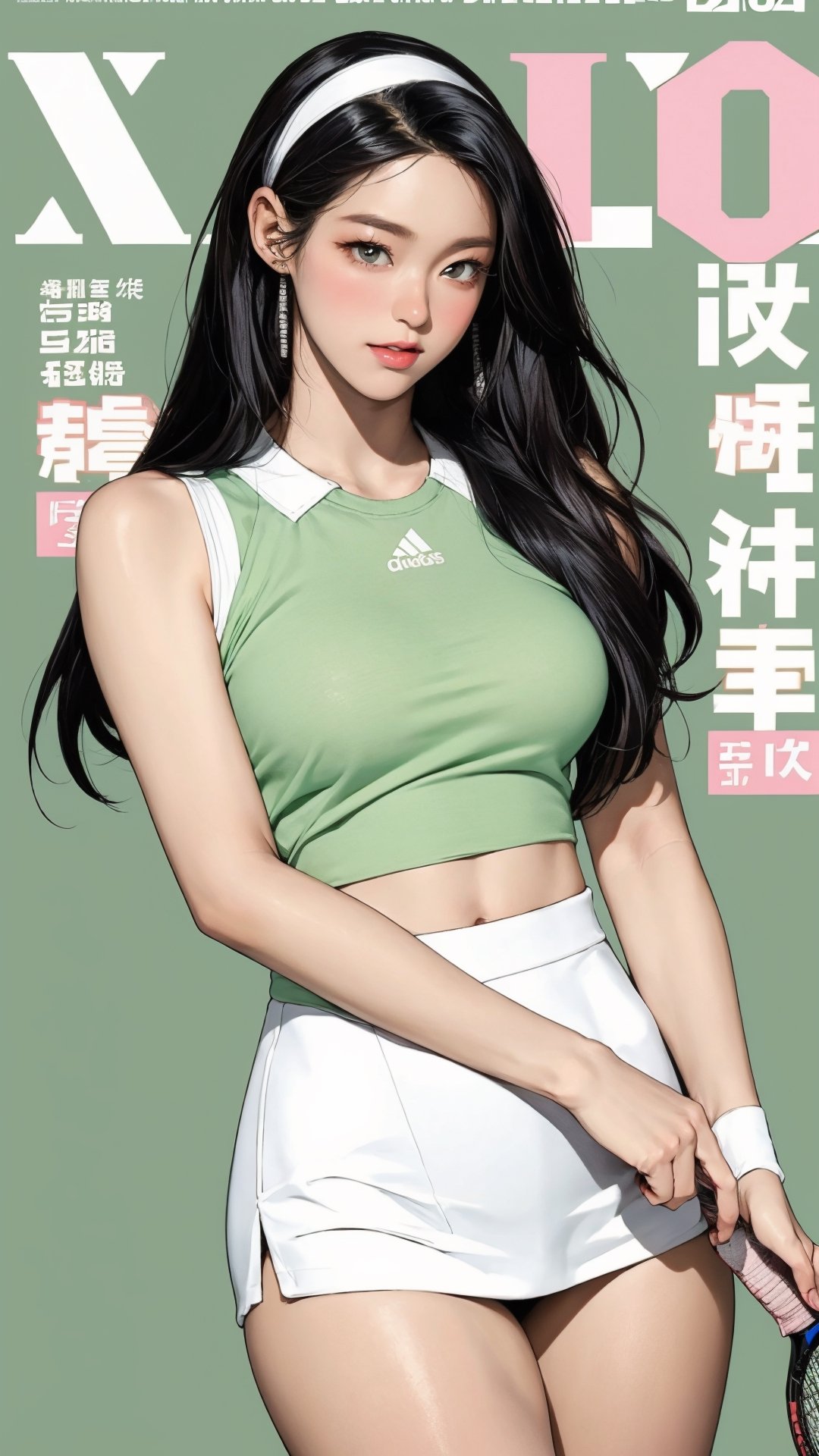 1girl, standing, thigh up body, hairband, ((looking at viewer, tennis girl outfit,)) 2D artstyle, magazine cover, outline, earings, blush, green background, hairstyle, ultra detailed, best quality, sharp focus, kmiu,sim,haohaoulz,aespawinter,huondey,seolhuyn