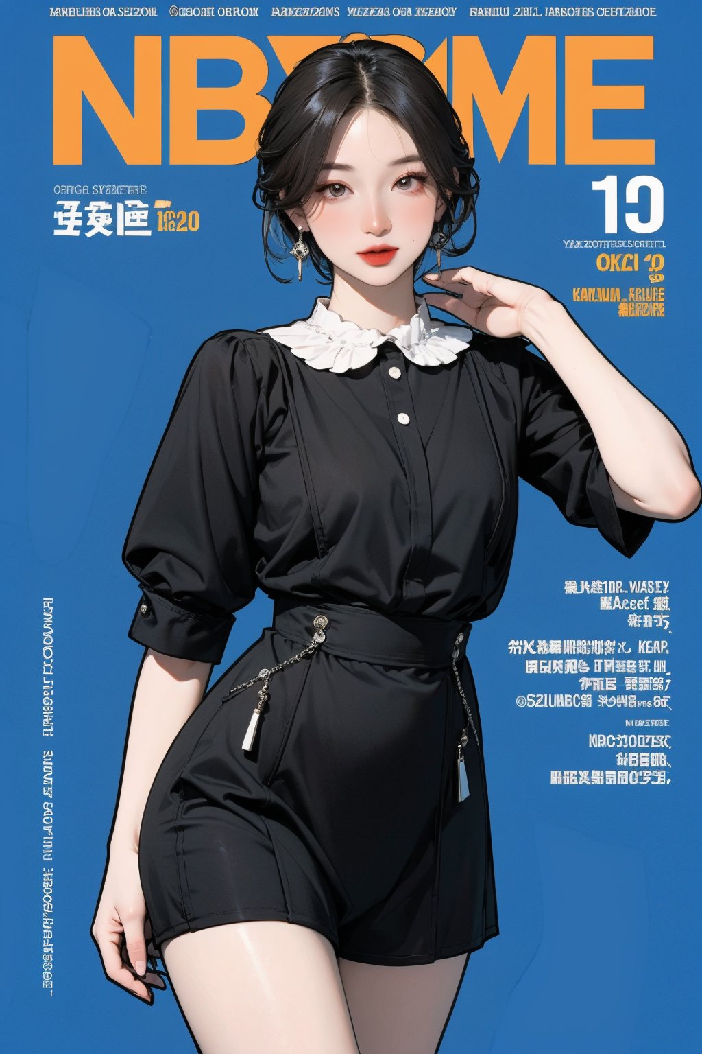 1girl, thigh up body, eyewear, styled outfit, ((looking at viewer,)) earrings, magazine cover, blue background, hine, hakil, kmiu