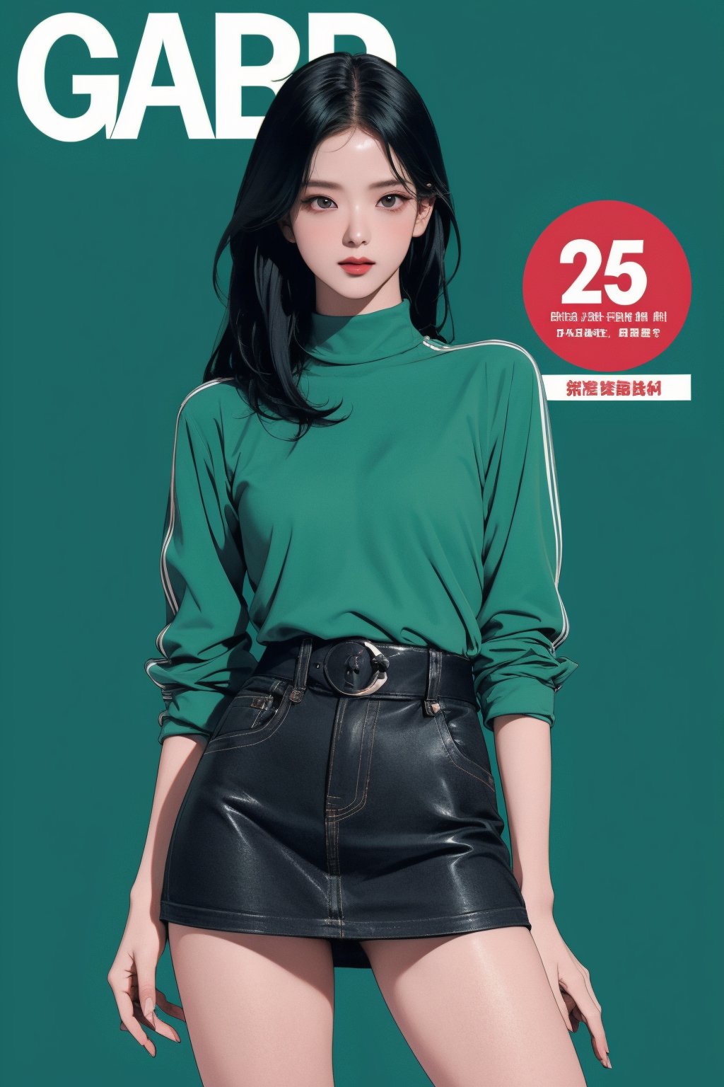 1girl, thigh up body, standing, looking at viewer, detailed clothes, turtle neck shirt, miniskirt, accurate color reproduction, best quality, professionally color graded, artwork, blurring effect, professional lighting, sanatw, magazine cover, green background, jisoo