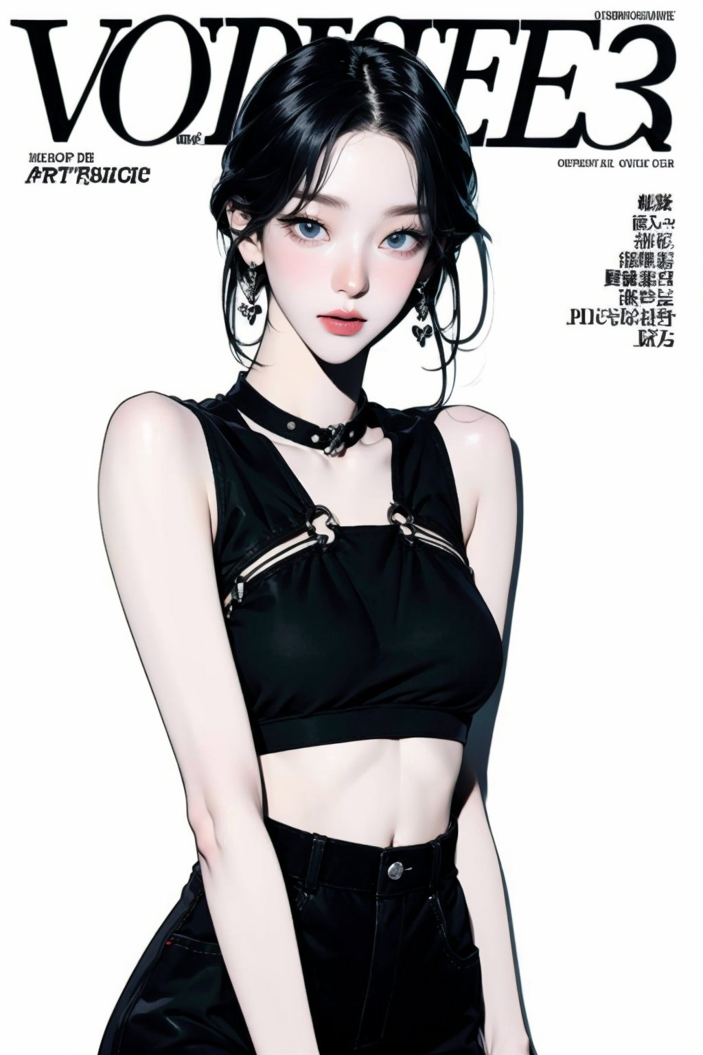 1girl, thigh up body, looking at viewer, styled clothes, hairstyle, aespakarina, magazine cover, center_opening, midriff_peek, furtrim, earrings, ((2D artstyle, outline,))