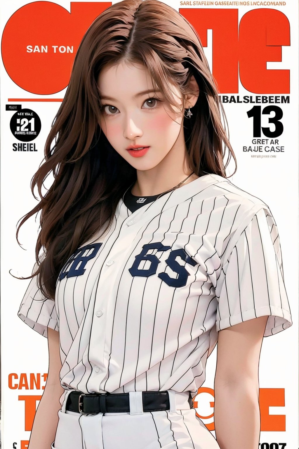 1girl, ((baseball girl outfit,)) long hair, looking at viewer, detailed clothes, earrings, sanatw, magazine cover, 