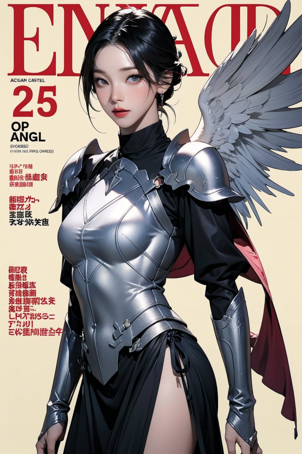 ((arc angel, )) thigh up body, standing, 1girl, looking at viewer, intricate clothes, professional lighting, different hairstyle, coloful outfit, colorful background, magazine cover, fantasy, ancient, armor, hip wings, aespakarina, 