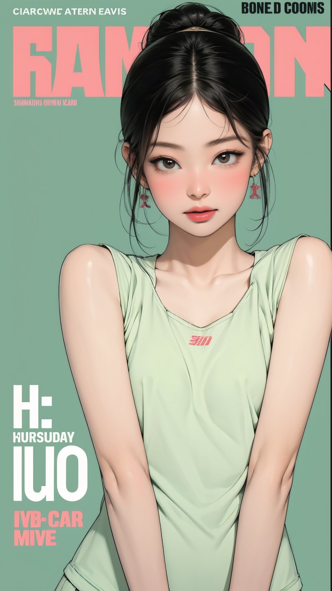 1girl, standing, thigh up body, hairband, ((looking at viewer, tennis girl outfit,)) 2D artstyle, magazine cover, outline, earings, blush, green background, hairstyle, ultra detailed, best quality, sharp focus, kmiu,sim,haohaoulz,aespawinter,huondey,seolhuyn,jennie