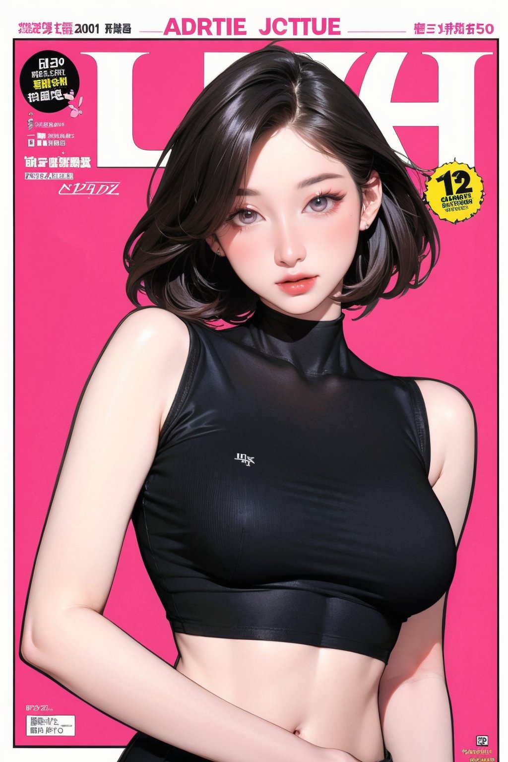 1girl, looking at viewer, styled clothes, turtle neck croptop, sleeveless, hairstyle, sharp focus, magazine cover, coloful background, 2D artstyle, outline, 

chimai,hine,hakil,yuong01,johyun,sim,haohaoulz,kn,htt