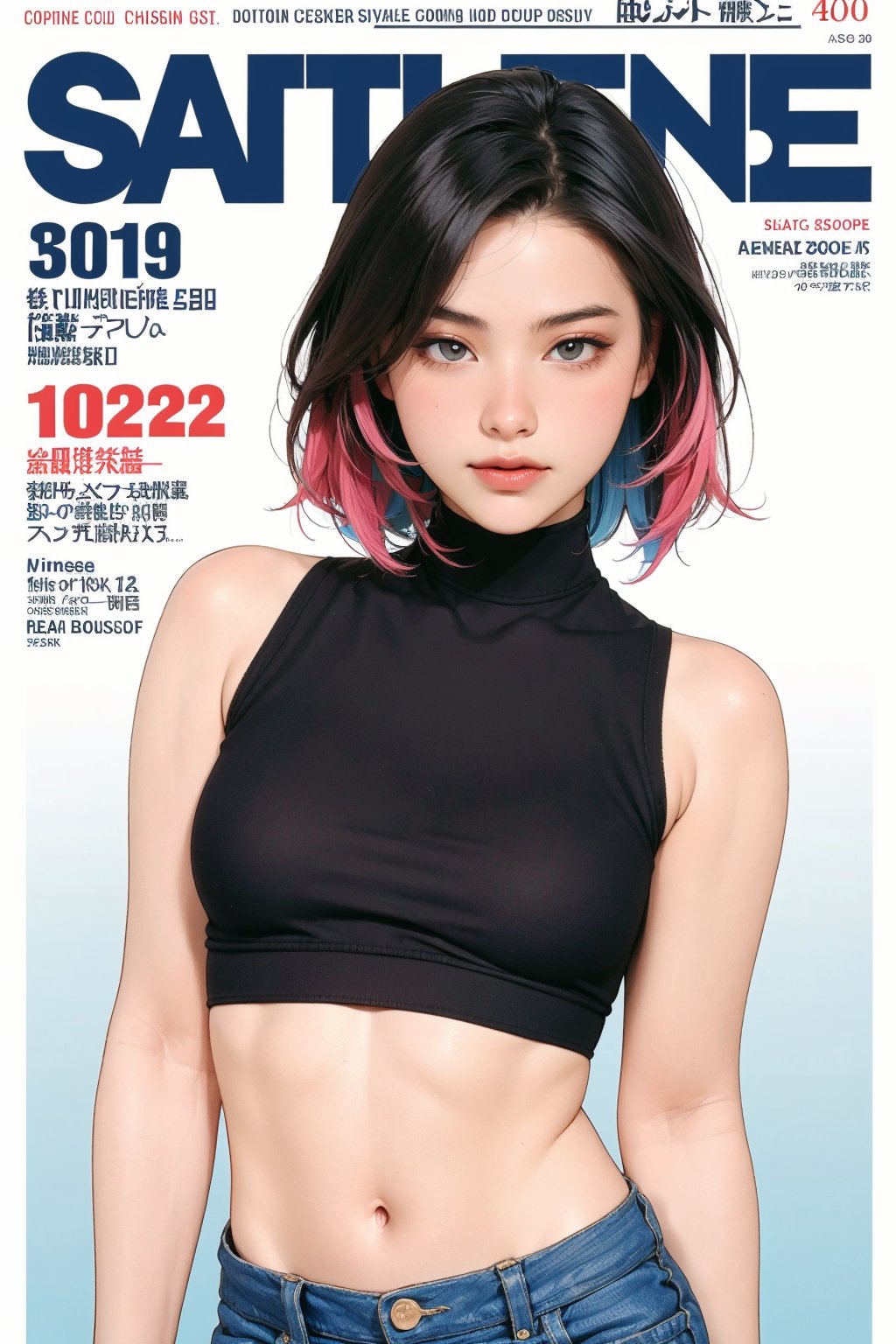 1girl, looking at viewer, styled clothes, turtle neck croptop, sleeveless, hairstyle, sharp focus, magazine cover, coloful background, 2D artstyle, outline, 

chimai,hine,hakil,yuong01