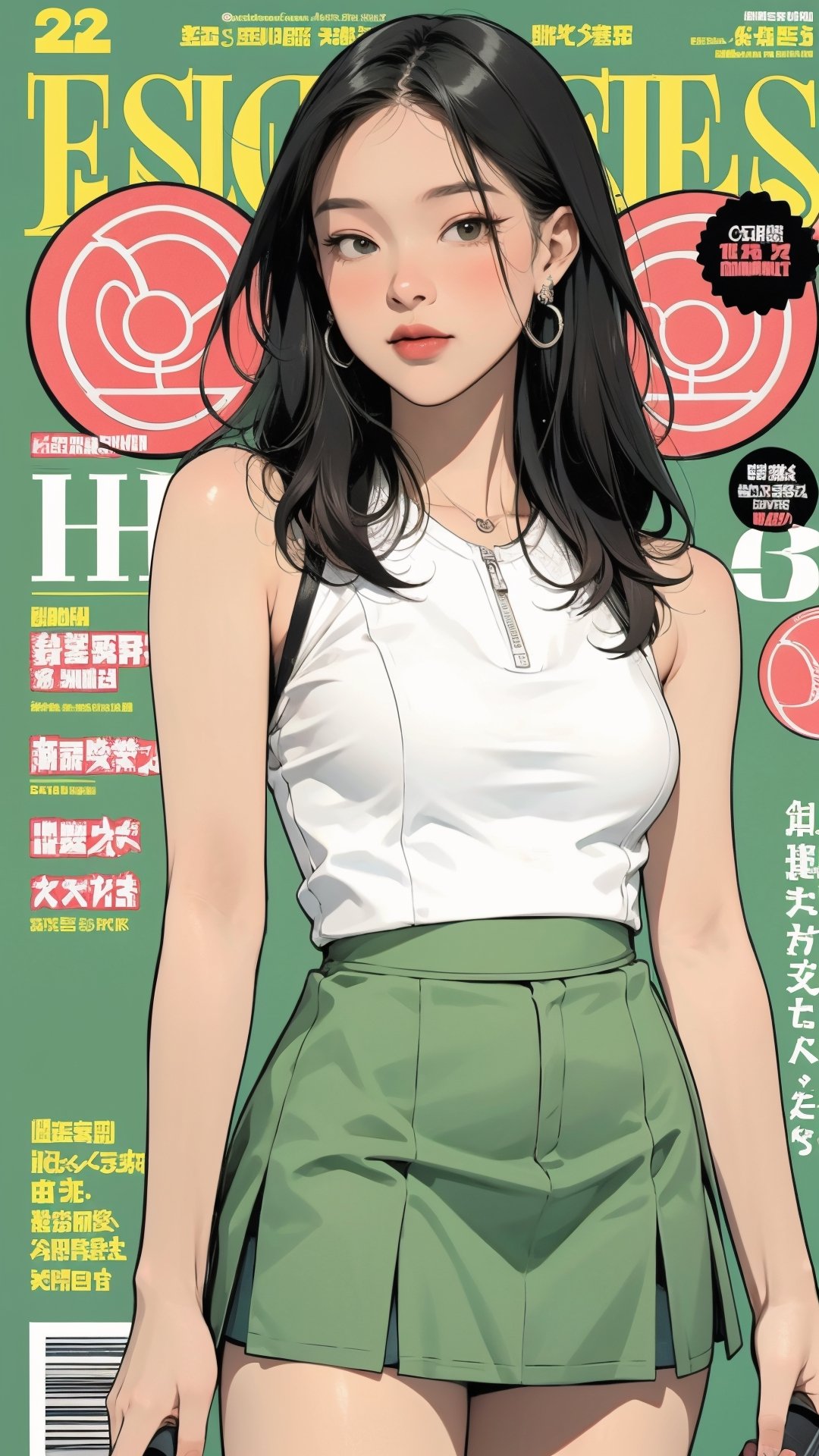 1girl, standing, thigh up body, ((looking at viewer, tennis girl outfit, center opening,)) 2D artstyle, magazine cover, outline, earings, blush, green background, hairstyle, ultra detailed, best quality, sharp focus, ,DiaSondef,sophiesw,Mia ,Anna ,mthanhh