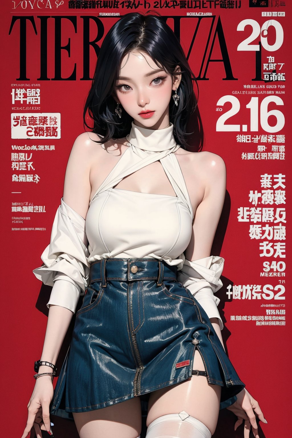 1girl, different styled shirt, skirt, stockings, bracelets, turtleneck shirt,  bare shoulders, thigh up body, looking at viewer, hairstyle, dyed hair, aespakarina, earrings, intricate background, chimai,magazine cover