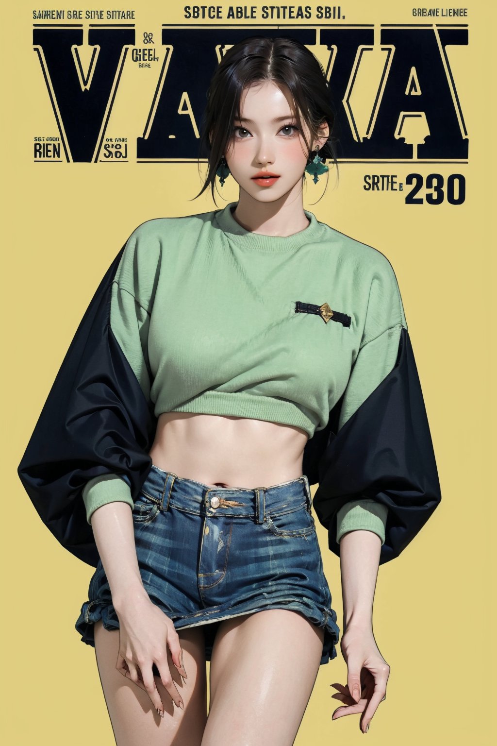 styled outfit, 1girl, thigh up body, looking at viewer, detailed clothes, earrings, sanatw, magazine cover, green background, 2D artstyle,