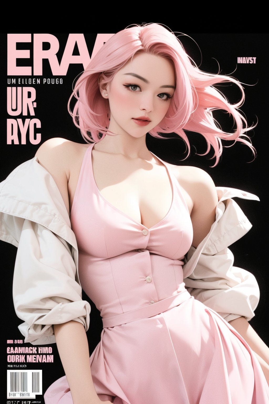 1girl, thigh up, looking at viewer, pink hair, styled clothes, ultra detail, accurate color reproduction, black background, best quality, professionally color graded, wide angle, artwork, blurring effect, professional lighting, sanatw,magazine cover,sim