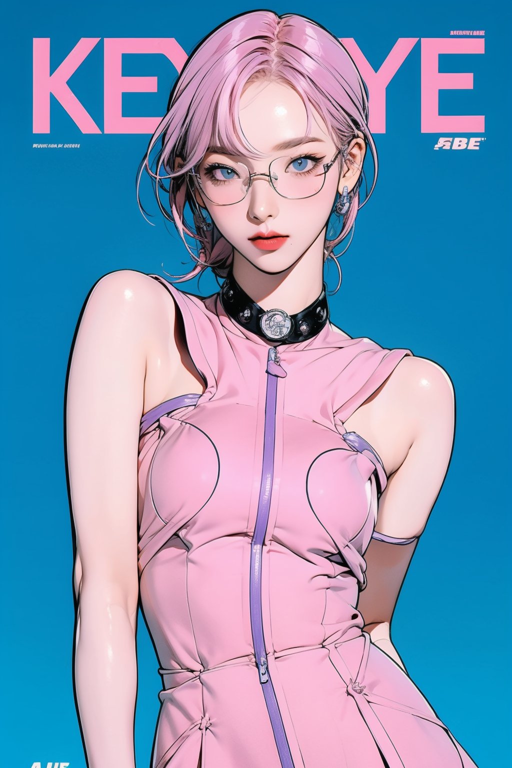 allure, 1girl, thigh up body, eyewear, detailed clothes, cutout, kpop idol outfit, styled, pink purple hair, red lips, looking at viewer, sharp focus, magazine cover, cyan blue background, ((outline,)) chimai, aespakarina,sanatw