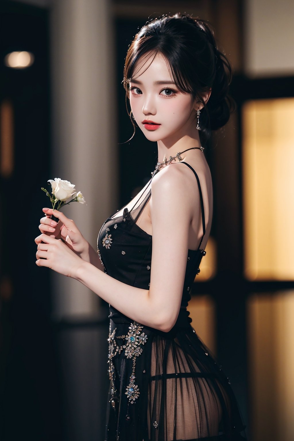 full body, 1girl,8k wallpaper,extremely detailed figure, amazing beauty, detailed characters, indoor,black dress, holding flowers, light and shadow, depth of field, light spot, reflection,upper body,nigth,street