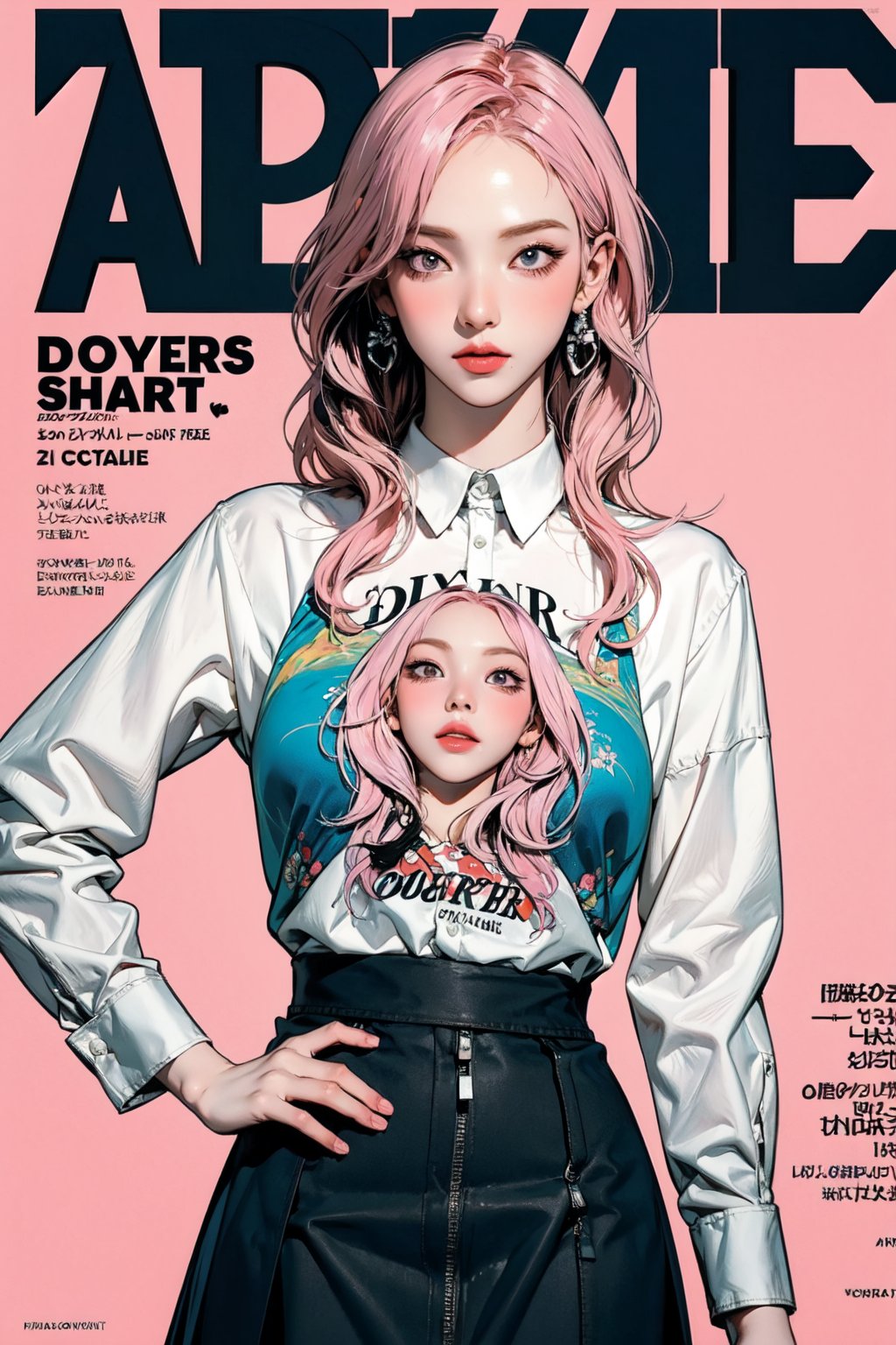 1girl, hip up body, standing, detailed beautiful face, pink hair, detailed clothes, shirt, skirt, earrings, looking at viewer, magazine cover, 2D artstyle, aespakarina, Art Deco