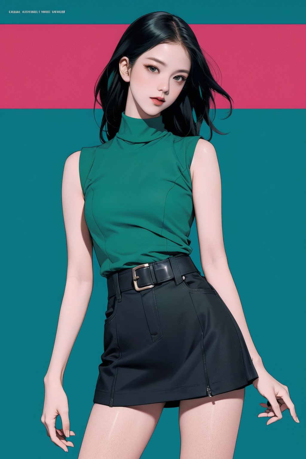 1girl, hip up body, standing, looking at viewer, detailed clothes, turtle neck shirt, sleeveless, miniskirt, accurate color reproduction, best quality, professionally color graded, artwork, blurring effect, professional lighting, sanatw, magazine cover, green background, jisoo