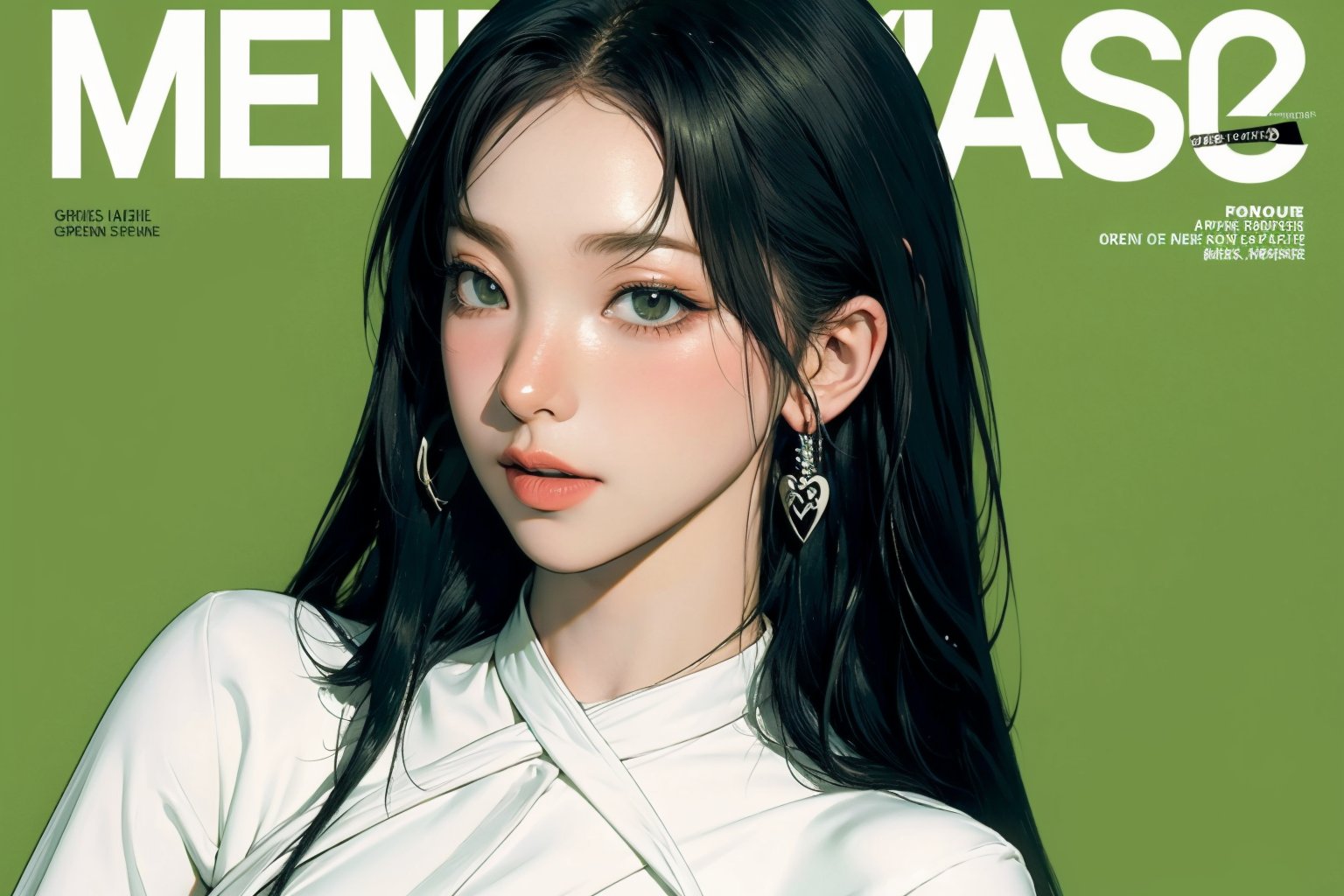 2D, 1girl, detailed clothes, earrings, looking at viewer, magazine cover, green background, aespakarina,