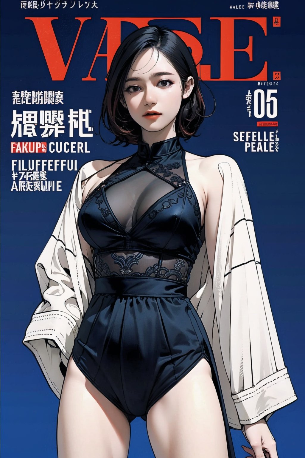 lustful, 1girl, thigh up body, standing, magazine cover, intricate outfit, blue background, 2D manga artstyle, hine, 